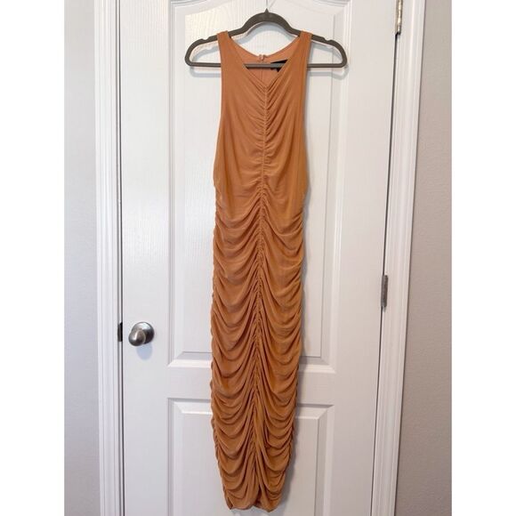 House of Harlow 1960 Peach Orange Ruched Sleeveless Midi Dress Size Medium - Picture 2 of 9